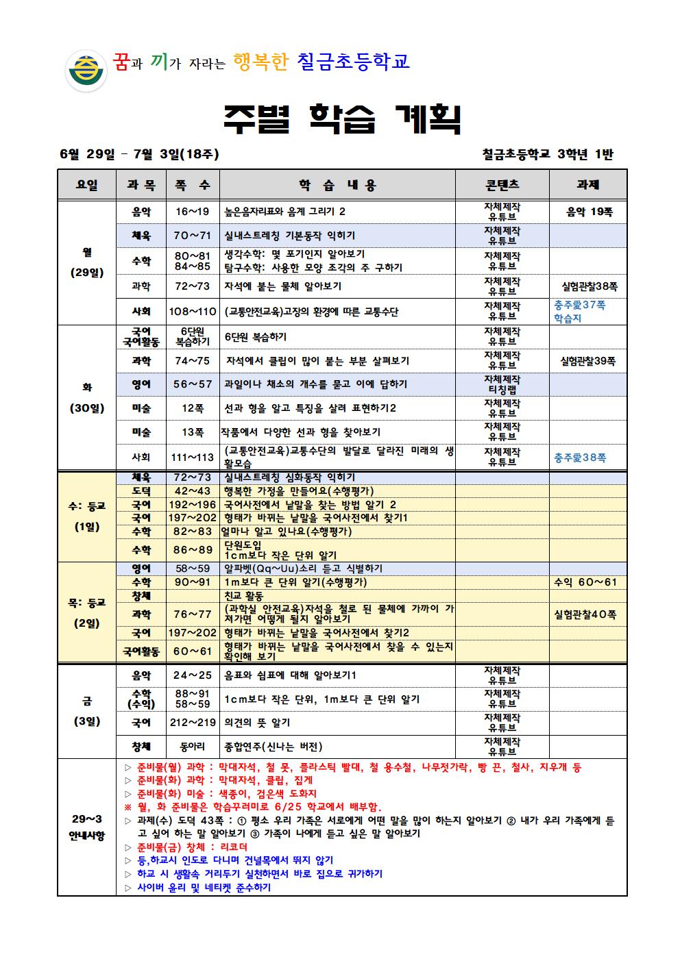 3학년 1반 주별(18주) 학습 계획001